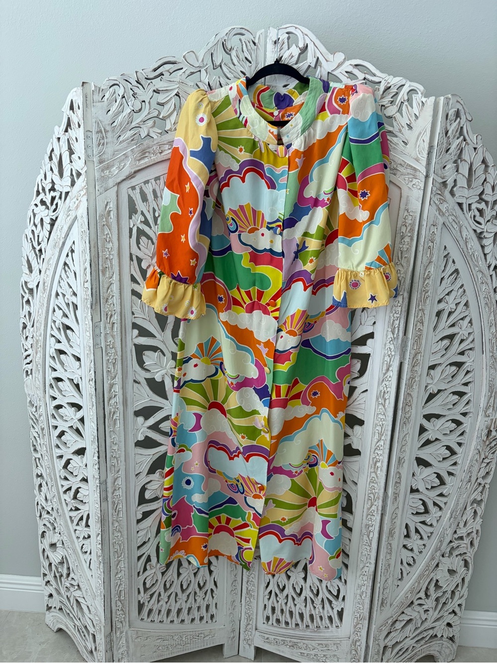 CeliaB Multicolor Retro Print Midi Dress Yellow, Green, Orange, Blue, Pink Sz S